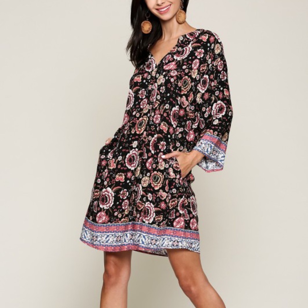 Floral Border Print 3/4 Sleeves Shift Dress